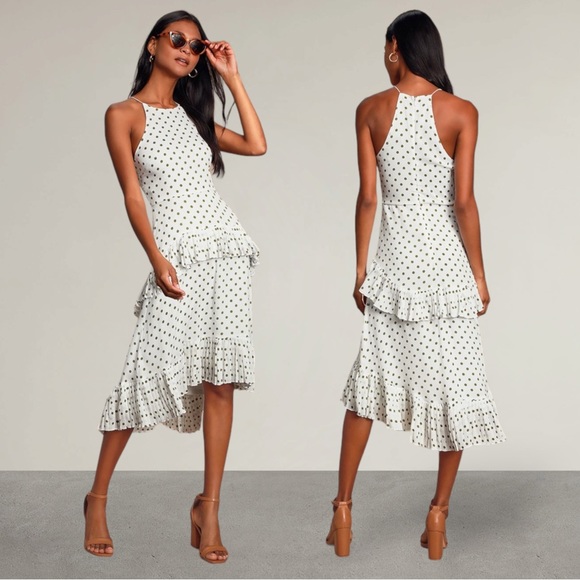 Lulus Dresses & Skirts - Lulus Envy White and Green Polka Dot Ruffle Midi Dress Size XS Fits S New w Flaw